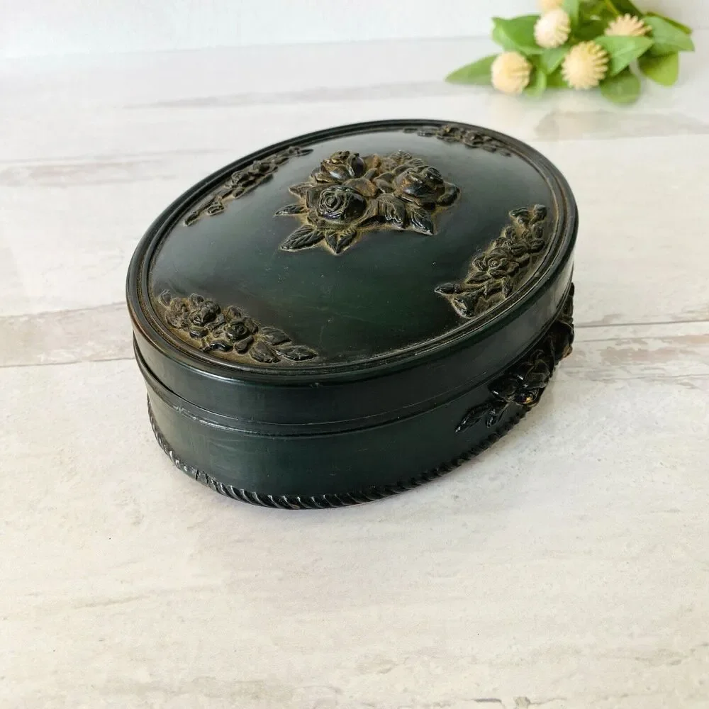 Vintage Victorian Revival Imitation Jet Carved Roses Jewelry Box Black Gothic